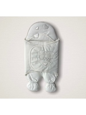 Beruflic Yenidoğan Lüks Üç Kalp Love Nakışlı Kız Bebek Aklı Kundak Bebek Battaniyesi Ekru