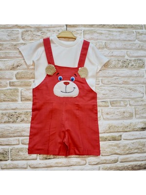 Beruflic Keten Kumaş Tişörtlü Icık Nakışlı Şort 2li Kız Erkek Bebek Salopet Takımı Nar Çiçeği