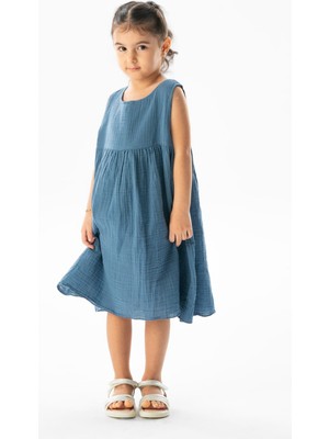 Eliş Şile Bezi Kolsuz Bilge Yazlık Müslin Çocuk Elbise Indigo Indg