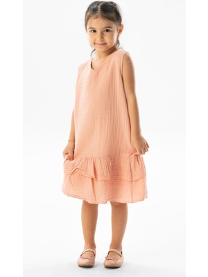 Eliş Şile Bezi Kolsuz Aybike Yazlık Müslin Çocuk Elbise Pudra Pdr