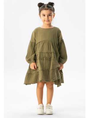 Eliş Şile Bezi Uzun Kol Ilay Yazlık Müslin Çocuk Elbise Haki Hk