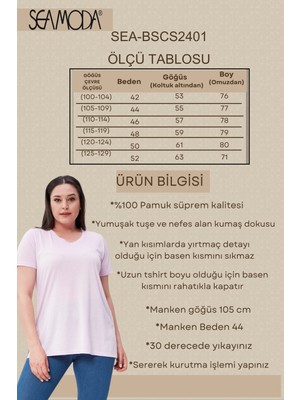 Sea Moda Büyük Beden V Yaka Yırtmaçlı Pamuk Basic Tshirt-Lila