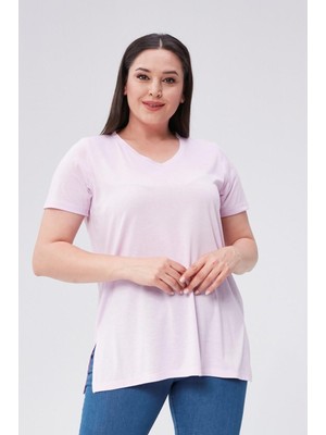 Sea Moda Büyük Beden V Yaka Yırtmaçlı Pamuk Basic Tshirt-Lila