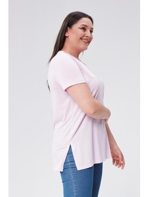 Sea Moda Büyük Beden V Yaka Yırtmaçlı Pamuk Basic Tshirt-Lila