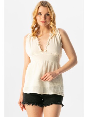 Eliş Şile Bezi Askılı Köy Bezi Belinda Degaje Yaka Yazlık Bluz Krem Krm