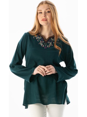 Eliş Şile Bezi Uzun Kol Şile Bezi Gökkuşağı Nakış Detaylı Yazlık Bluz Petrol Ptrl