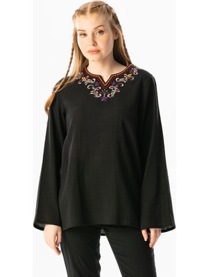 Eliş Şile Bezi Uzun Kol Şile Bezi Gökkuşağı Nakış Detaylı Yazlık Bluz Siyah Syh