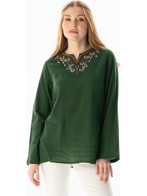Eliş Şile Bezi Uzun Kol Şile Bezi Gökkuşağı Nakış Detaylı Yazlık Bluz Yeşil Ysl