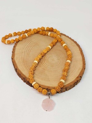 Yaşam Tohumu Pembe Kuvars Taşlı Rudraksha Tohum Kolye Dolama Bileklik 8mm (49732)