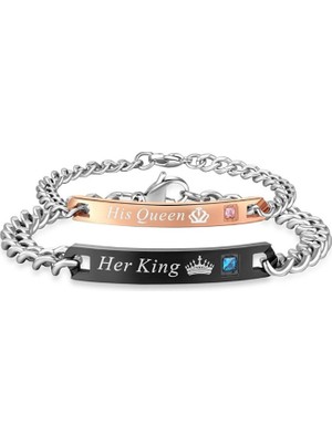 Gümüş Hediye Al Alaşım Üzeri Gümüş Kaplama Rose Black Plaka Üzeri Ingilizce Onun Kralı - Onun Kraliçesi Yazılı 2'li Bileklik Seti