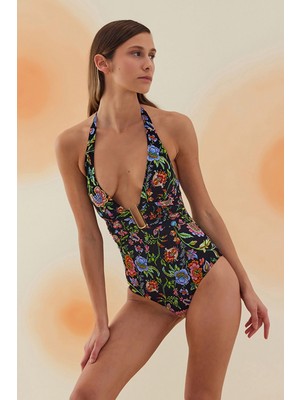 Bonesta Swimwear Drought Botanical Flower Pattern U Aksesuarlı V Yaka Mayo