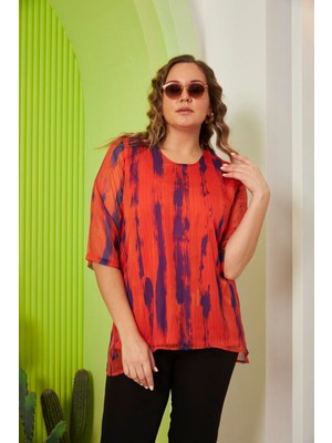 Rmg Desenli Büyük Beden Oranj Şifon Bluz