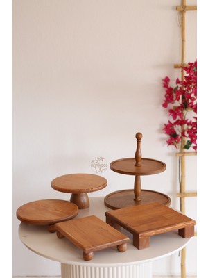 Justwood 5li 2 Katlı Kek Standı, 25 cm Pastalık, 25 cm Risus, 17X25 RISUS,25X25 Tityos  Ahşap Çeyiz Seti