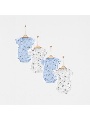 Babejix Bisiklet Yakalı Pamuklu Kumaş Ay Yıldız Baskılı Mavi - Ekru ve Basic Erkek Bebek Kısa Kollu Çıtçıtlı 4’lü Bebek Badi