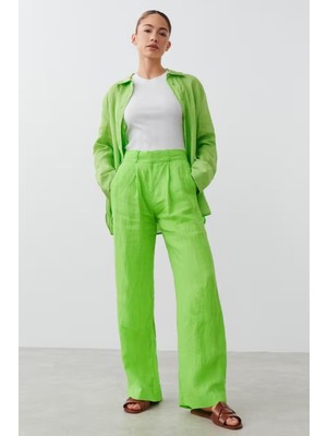 Madmext Yeşil Kemerli Bol Paça Kadın Pantolon Mg2021