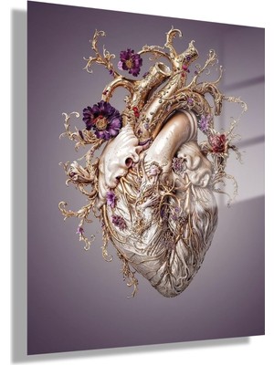 Gaagart Temperli Cam Dahiliye Poliklinik Tablosu Mor Çiçekli Kalp