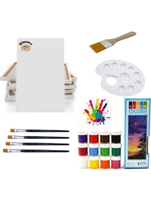 Glanart 12 Renk Akrilik Boya Seti 35X50 Tuval Ipek Fırça Seti 12X20 ml
