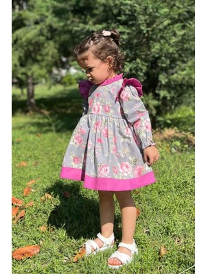 Bertuğ Bebek Fırfırlı Gül Desenli Kız Çocuk Bebek Gri Pembe Elbise