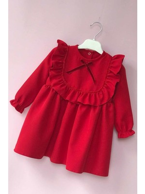 Bertuğ Bebek Fırfırlı Kırmızı Krep Kız Çocuk Bebek Doğum Günü Özel Gün Elbise