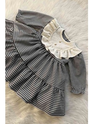 Bertuğ Bebek Düğme Detaylı Fırfırlı Kazayağı Desenli Kız Çocuk Bebek Abiye Elbise