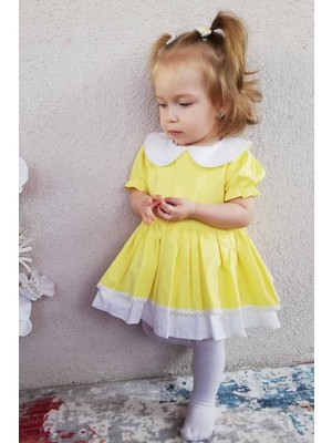 Bertuğ Bebek Dantel Detaylı Bebe Yaka Sarı Kız Çocuk Bebek Elbise