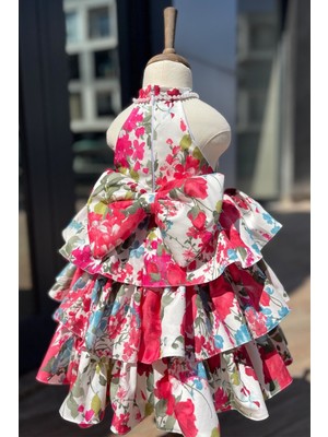 Bertuğ Bebek Kat Kat Etek Inci Süslemeli Krep Lotus Abiye Kız Çocuk Bebek Renkli Elbise