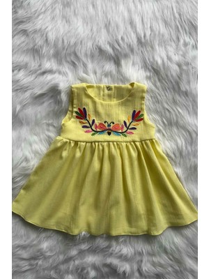 Bertuğ Bebek Nakışlı Şile Bezi Sarı Kız Çocuk Bebek Yazlık Pamuk Elbise