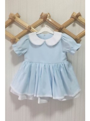 Bertuğ Bebek Bebe Yaka Dantel Detaylı Poplin Kız Çocuk Bebek Bebe Mavi Beyaz Elbise
