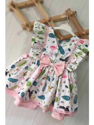 Bertuğ Bebek Fırfır Detaylı Flamingo Desenli Kolsuz Kız Çocuk Bebek Yazlık Elbise