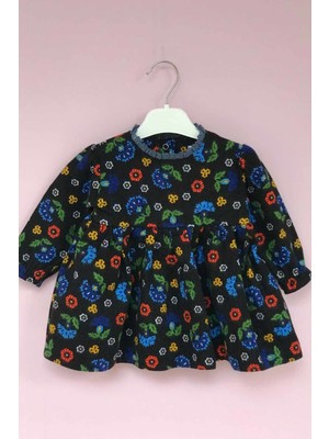 Bertuğ Bebek Dantel Yaka Çiçek Desenli Siyah Pazen Kız Çocuk Bebek Elbise