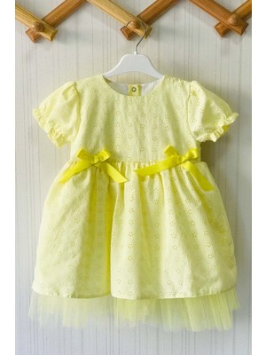 Bertuğ Bebek Kurdele Detaylı Tül Astarlı Sarı Fisto Abiye Tasarım Kız Çocuk Bebek Elbise