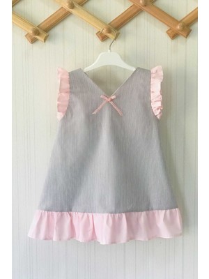 Bertuğ Bebek Fırfır ve Kurdele Detaylı Kolsuz Kız Çocuk Bebek Gri Pembe Çizgili Elbise