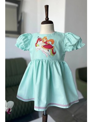 Bertuğ Bebek Prenses Kız Unicorn Şeker Baskılı Poplin Su Yeşili Kız Çocuk Bebek Elbise