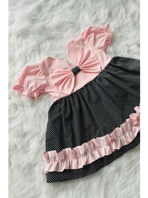 Bertuğ Bebek Fiyonk ve Fırfırlı Pembe Siyah Pamuklu Kız Çocuk Bebek Yazlık Elbise
