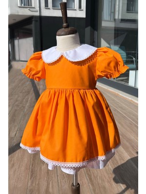 Bertuğ Bebek Dantel Detaylı Bebe Yaka Kız Çocuk Bebek Turuncu Pamuklu Elbise
