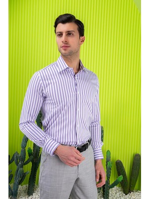 Paco Romano Erkek Slim Fit Uzun Kol Arkası Pensli 6 Drop Beyaz Lila Çizgili Gömlek