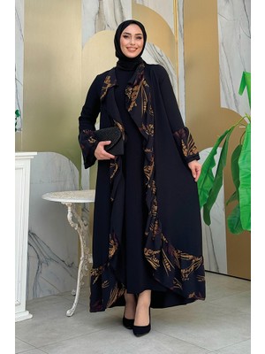 Bym Fashion Çiçek Desenli Fırfırlı Abaya 7908 Siyah