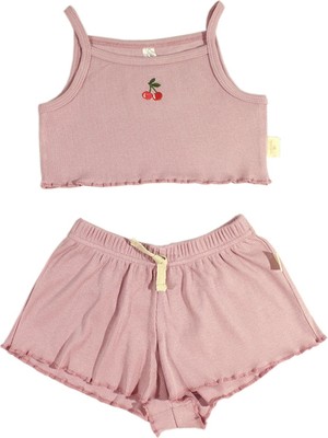 Miela Kids Kiraz Nakışlı Crop Fitilli Takım