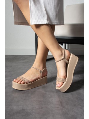 Shoetek Kristina Kadın Sandalet Üç Bantlı Taşlı Roz/bej