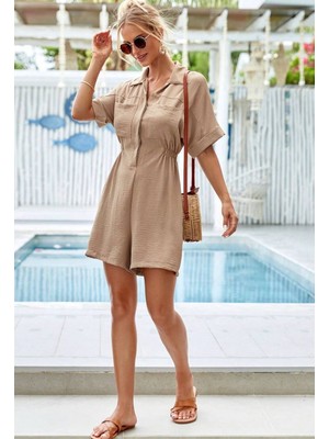 Moda Wiser Kadın Kısa Kollu Cepli Düğmeli Keten Şort Tulum Bej