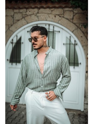 Outfit-Man Erkek Dik Yaka Çizgili Oversize Gömlek Haki