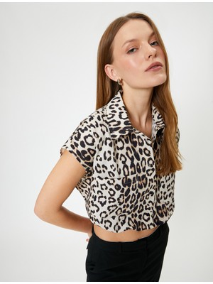 Koton Leopar Desenli Crop Gömlek Kolsuz Pamuklu