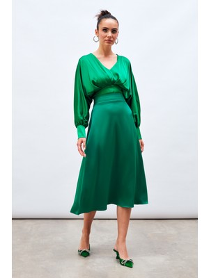Sateen Midi Boy Saten Etek - Zümrüt