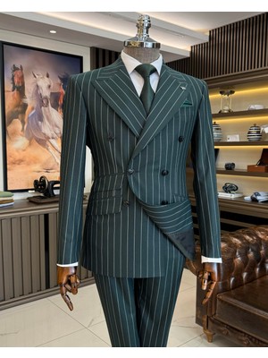 Terzi Adem Altun İtalyan stil slim fit çizgili kruvaze ceket pantolon takım elbise yeşil T11937
