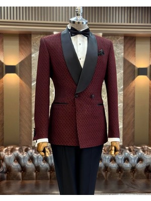 Terzi Adem Altun Italyan Stil Slim Fit Şal Yaka Kruvaze Ceket Pantolon Damatlık Set Bordo T12031