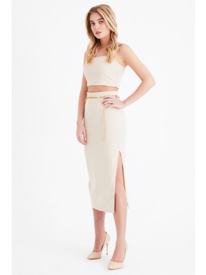 Sateen Zincir Kemerli Kalem Etek - Taş