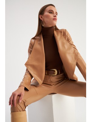 Sateen Geniş Yaka Deri Ceket - Bej