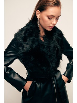 Sateen Kürk Detaylı Deri Ceket - Siyah