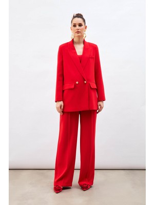 Sateen Pile Detaylı Salaş Pantolon - Kırmızı