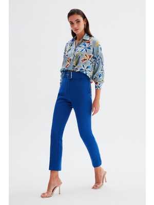 Sateen Yüksek Bel Kemerli Pantolon - Indigo